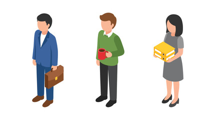 Isometric People: Business Professionals with Briefcase, Cup, and Boxes