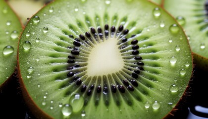 A close-up shot of a juicy, ripe kiwi fruit sliced in half, showcasing its vibrant green flesh and black seeds, glistening with water droplets.