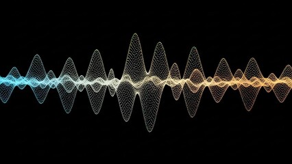 Abstract digital sound wave visualization with glowing mesh texture and color gradient on a black background.