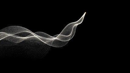 Abstract white glowing wavy particle trail flowing dynamically on a dark black background.