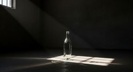 Transparent container stands centered on a dark floor illuminated by a dramatic shaft of light from a barred window.