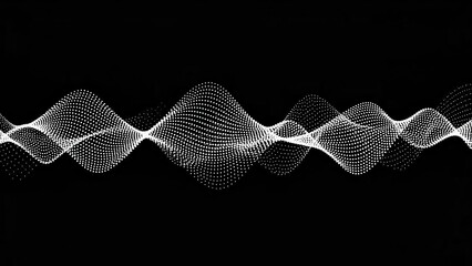 Abstract digital visualization of white undulating wave patterns composed of many small dots on a solid black background, representing sound or data.