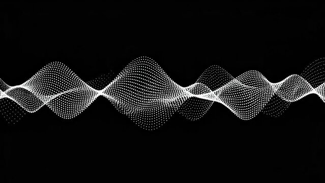 Abstract digital visualization of white undulating wave patterns composed of many small dots on a solid black background, representing sound or data.