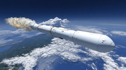 Rocket launching above earth amidst clouds and blue sky space exploration