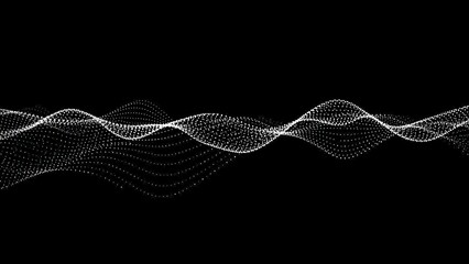 Dynamic abstract visualization of white particle waves flowing across a dark background, depicting data or sound.