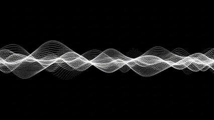 Abstract white undulating wave patterns on a black background, resembling sound waves or digital signals.