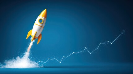 Rocket launching with growth chart on blue background business concept