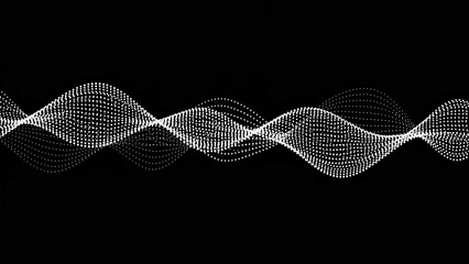 Abstract digital visualization of white wavy particle lines flowing across a dark background, representing data or sound waves.