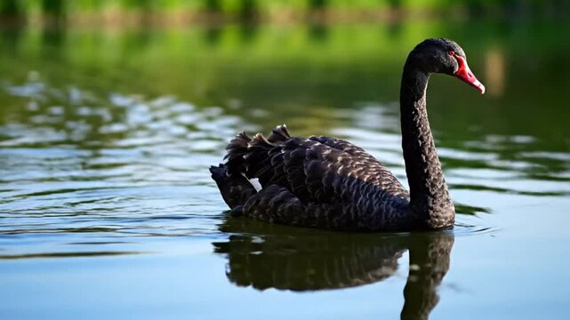 Graceful black swan elegantly gliding across tranquil blue lake with vibrant green background