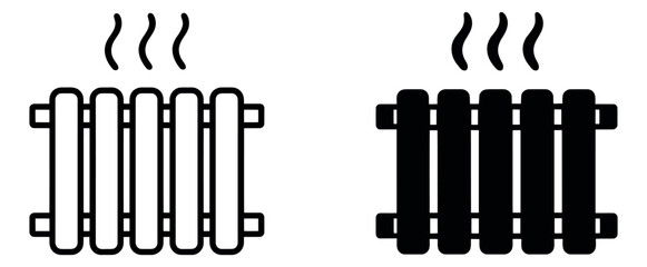 Heating radiator icon set featuring line art and solid versions depicting warmth for energy and home comfort themes