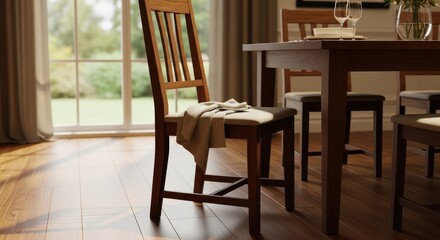 Fototapeta premium Wooden dining chairs surround a table set near a large window overlooking greenery