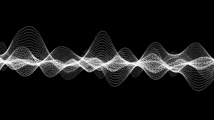 Abstract visualization of multiple white wavy lines composed of dots on a black background, resembling sound waves or digital data.