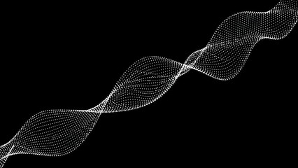 Abstract white wavy particle stream on a black background, representing data flow or sound waves.