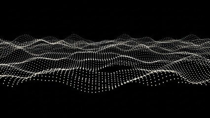 Abstract digital wave pattern formed by numerous glowing white dots on a dark background, representing data visualization or sound waves.
