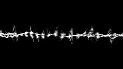 Abstract white digital waveform on a black background, representing sound visualization or data flow.