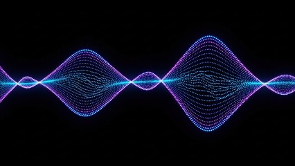Abstract glowing blue and purple sine waves creating a complex undulating pattern on a dark background, representing sound or digital data visualization.