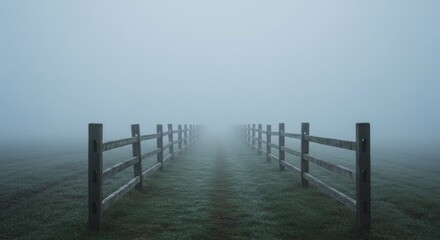 Fototapeta premium Foggy Field with Wooden Fence and Path