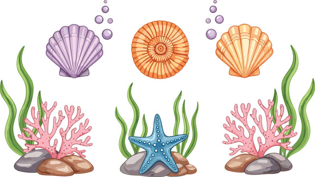 Underwater sea life illustration set, colorful seashells starfish coral reef elements, marine ocean decor, flat cartoon vector isolated on white