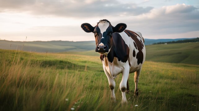 A black and white Holstein cow grazes on green grass in a rural meadow landscape under a summer sky, showcasing traditional dairy farming and livestock agriculture in a vast field pasture