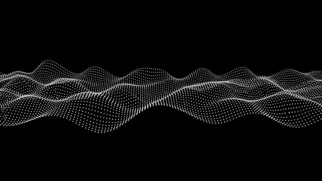 Abstract digital waveform of white dots on a black background, representing data or sound visualization.