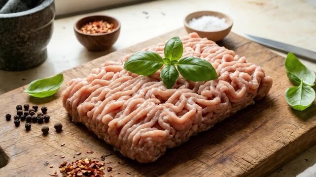 A vibrant and rustic culinary arrangement showcases fresh, raw ground poultry, meticulously presented on a textured wooden cutting board. Lush green basil leaves elegantly adorn the minced meat, highl