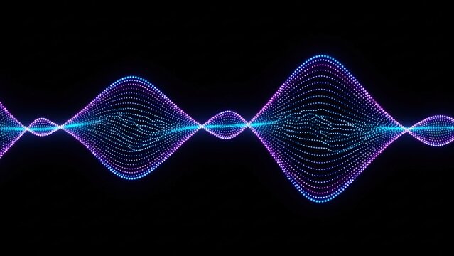 Abstract glowing blue and purple sine waves creating a complex undulating pattern on a dark background, representing sound or digital data visualization.