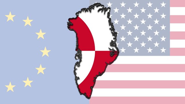 Concept geopolitical illustration showing a map of Greenland with its flag, positioned between the European Union and USA flags, symbolizing strategic influence, identity and transatlantic interests.