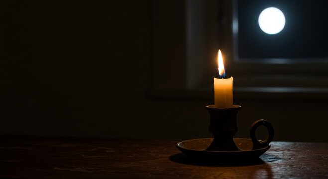 Lit Candle on Wooden Table at Night with Moonlight