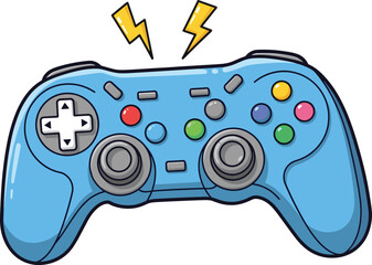 Blue game controller illustration, cartoon video gaming joystick icon, modern console pad design isolated on white background, vector digital artwork © Itz Marjia