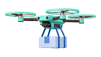 Turquoise drone delivering a blue package