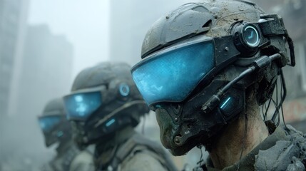 Futuristic soldiers in advanced combat gear stand in a misty urban environment.  Their high-tech helmets, marked by glowing blue displays, project an imposing and technologically advanced feel.