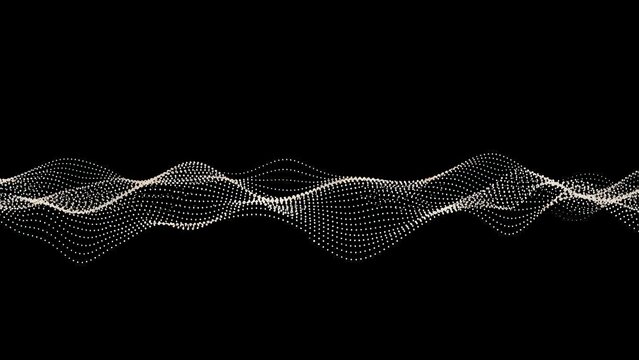 Abstract white wavy lines made of tiny dots on a dark background, representing a digital sound wave or data visualization.
