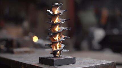 A striking metal sculpture, meticulously crafted from dark gray metal, stands tall on a dark gray base, showcasing intricate details and warm orange flames.