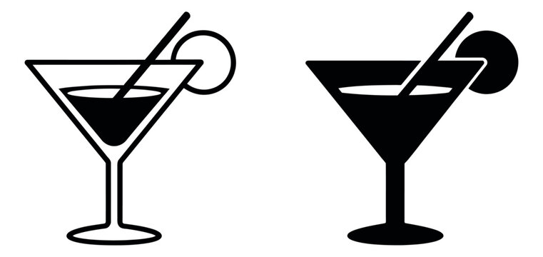 Outline and silhouette martini glass icons set featuring a cocktail with a straw and garnish for bar menus and party invitations