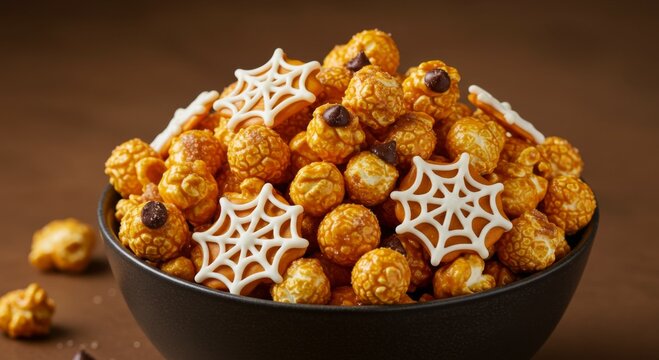 Halloween Caramel Popcorn with Spiderweb Cookies in Dark Bowl