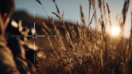 A hunter aims a rifle at a sunset through tall, golden grass.
