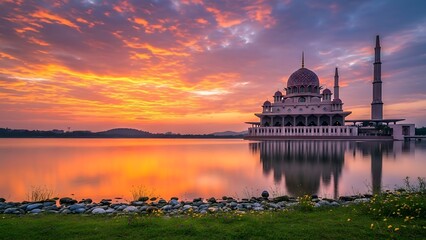 Serene Mosque at Sunset by the Lake