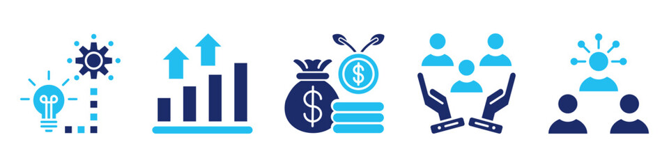 business growth icon set. for customer impact. icon set contain opportunities, growth, money growth, customer, influence. simple vector glyph duotone illustration.