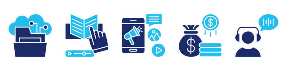 cloud business icon set. for digital service. icon set contain cloud storage, tutorial, digital marketing, budget, live chat. simple vector glyph duotone illustration.