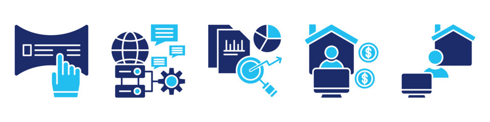 data work icon set. for online services. icon set contain online form, server management, data analysis, freelance work, work at home. simple vector glyph duotone illustration.