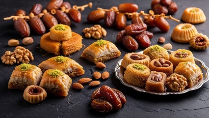 Traditional Middle Eastern Sweets and Dates on Dark Surface