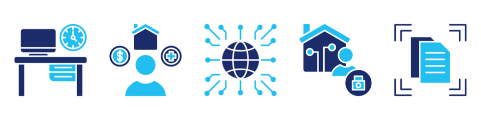 digital office icon set. for workplace system. icon set contain workplace, employee benefits, internet, cyber security, document scanner. simple vector glyph duotone illustration.