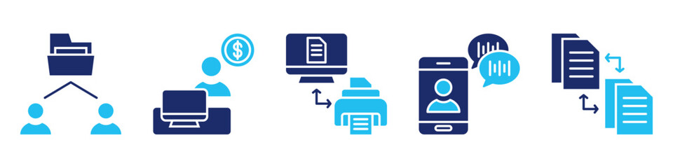 file management icon set. for digital documents. icon set contain files exchange, freelancer, printer, virtual assistant, file transfer. simple vector glyph duotone illustration.