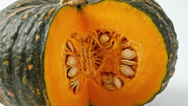 A vibrant, freshly cut winter squash or pumpkin is showcased in a close-up studio shot against a clean white background. The rich, textured dark green rind, subtly striped with lighter tones, contrast