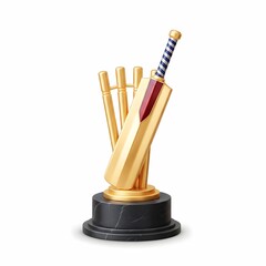Luxury cricket trophy with golden bat and stumps on marble base