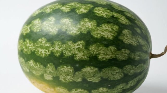 A vibrant, whole watermelon is presented with meticulous detail, gently showcased against a clean, isolated white background. The fruit's distinct green rind features intricate patterns of lighter and