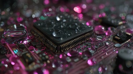 Close-up view of a circuit board covered in water droplets, showcasing intricate details and vibrant pinks and purples.