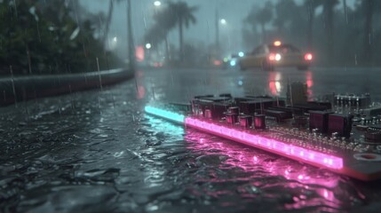 A circuit board with vibrant pink and turquoise LED lights rests on a wet city street during a heavy rain storm.