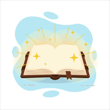 Magical Open Book flat design vector Illustration Glowing Pages Empty State UI template for learning or discovery