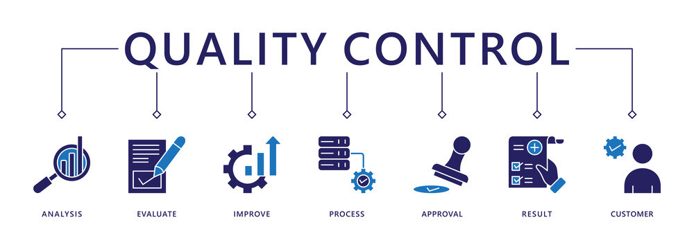 Quality control banner web icon vector illustration concept for product and service quality inspection with an icon of analysis, evaluation, improve, process, approval, result, and customer